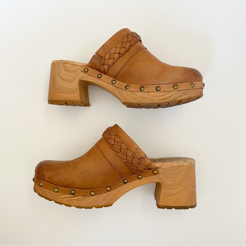 Kork Ease Tilly Clogs Tan Braided Leather Studded Heeled Slip On Wood Mules - Picture 2 of 12